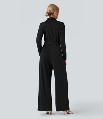 V-neck Long Sleeve Belted Jumpsuit with Pockets-Easy Peezy