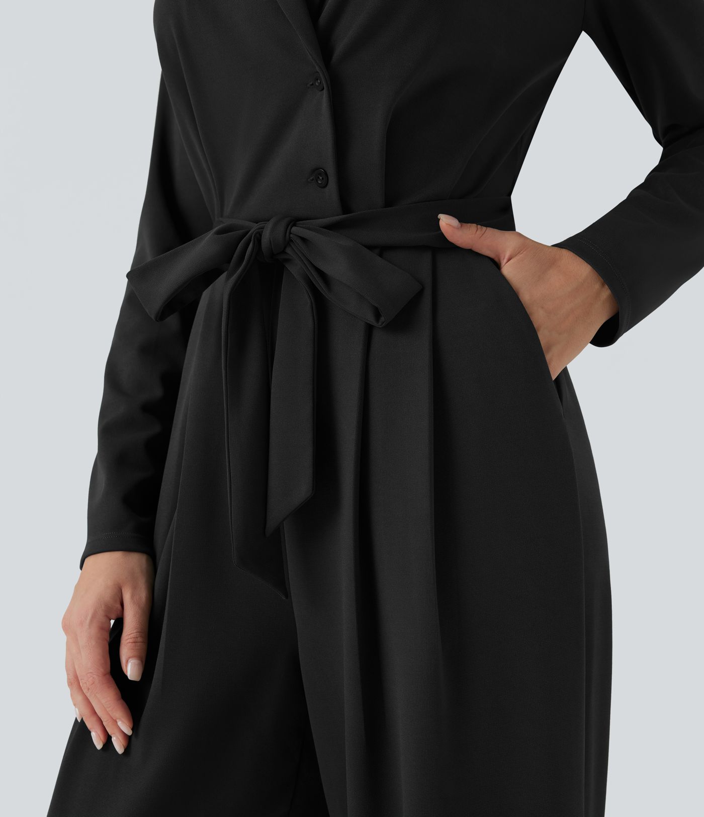 V-neck Long Sleeve Belted Jumpsuit with Pockets-Easy Peezy