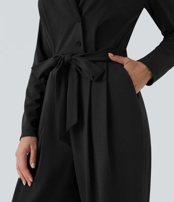 V-neck Long Sleeve Belted Jumpsuit with Pockets-Easy Peezy