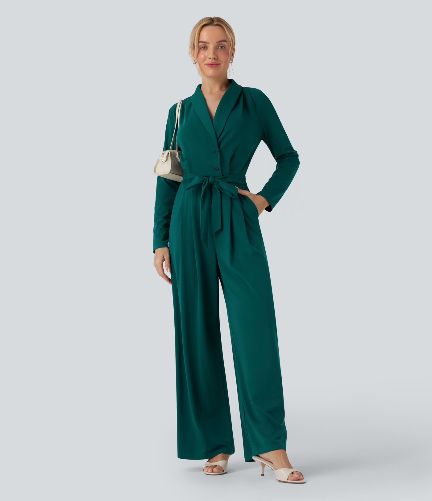 SculptKnit V-neck Long Sleeve Belted Jumpsuit with Pockets-Easy Peezy