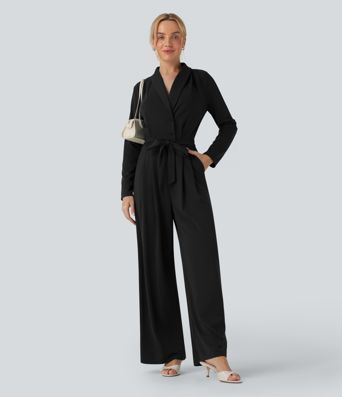 V-neck Long Sleeve Belted Jumpsuit with Pockets-Easy Peezy
