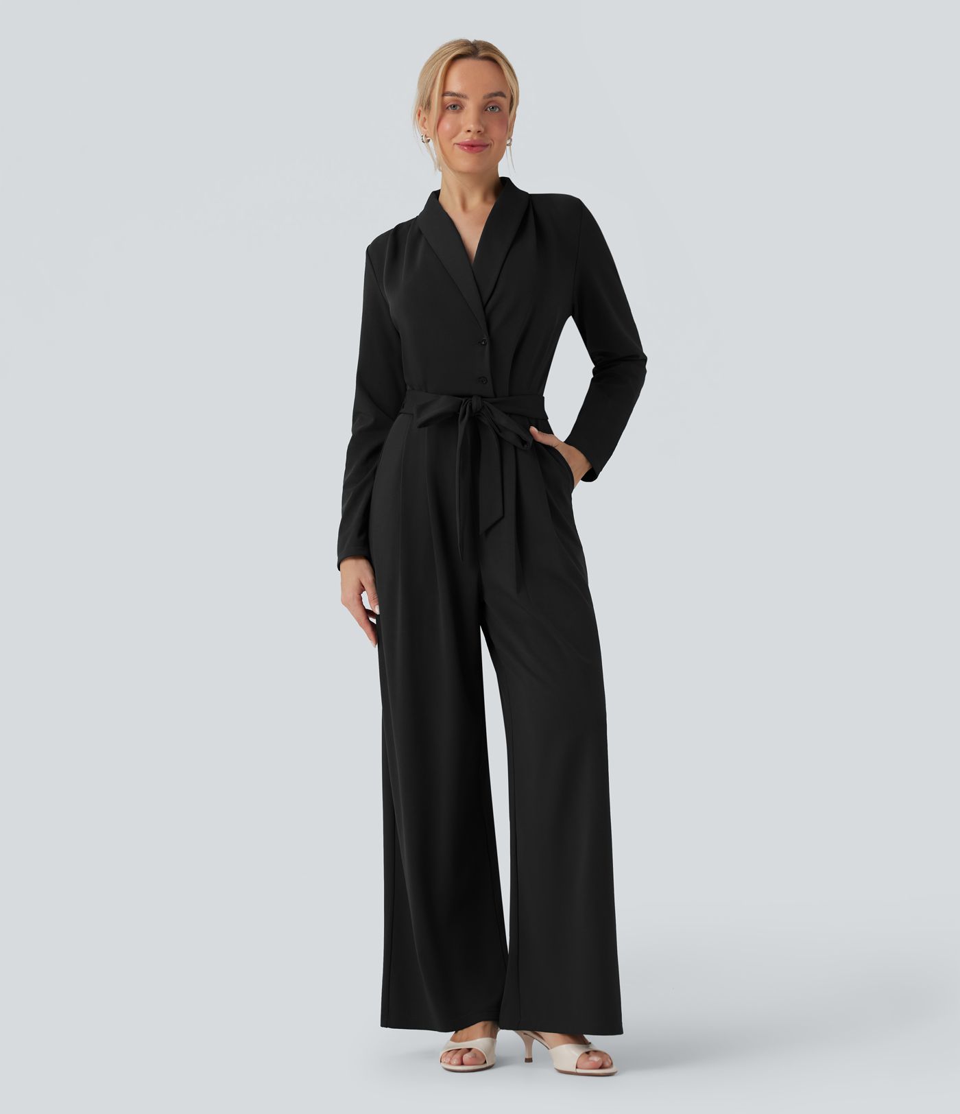 V-neck Long Sleeve Belted Jumpsuit with Pockets-Easy Peezy