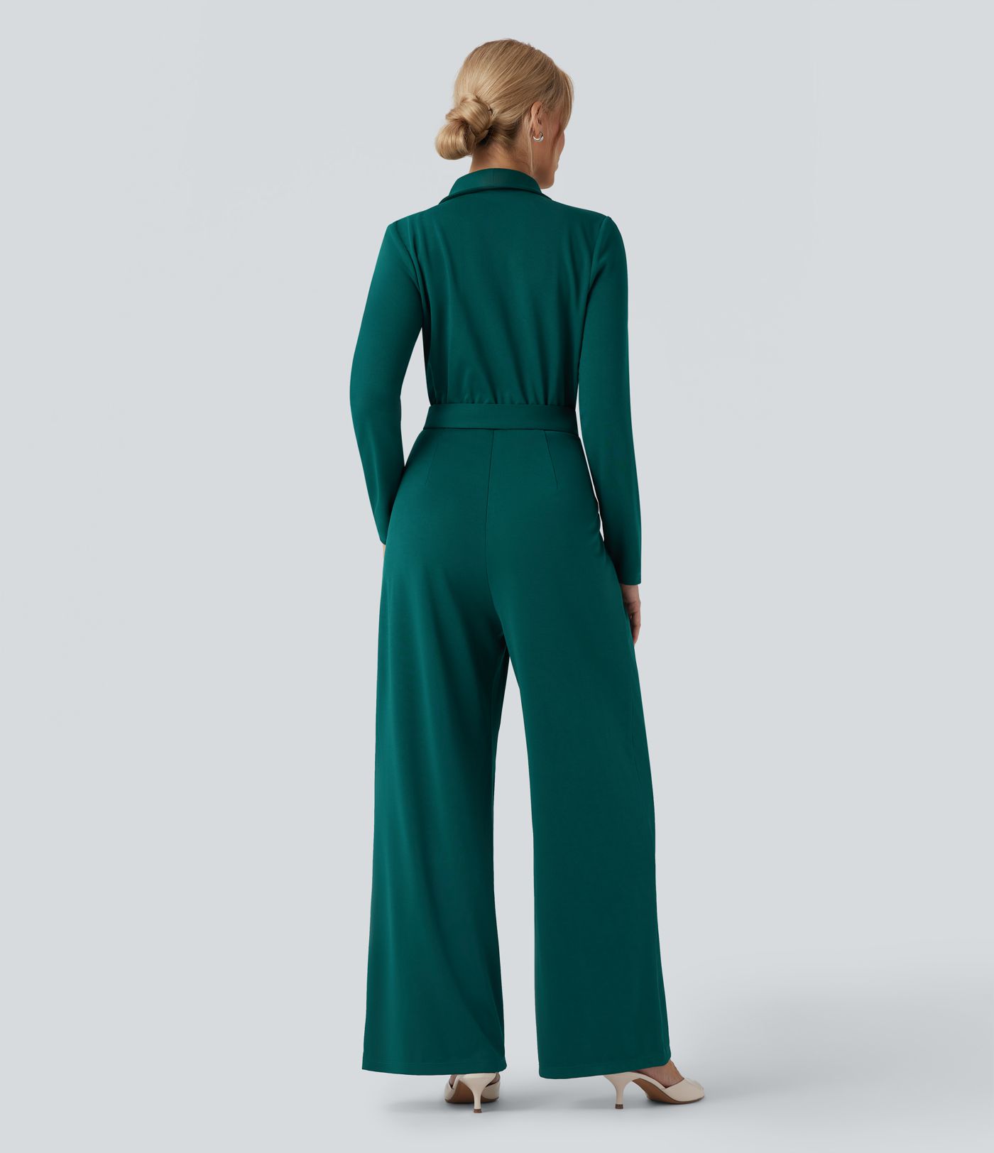 SculptKnit V-neck Long Sleeve Belted Jumpsuit with Pockets-Easy Peezy