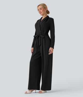 V-neck Long Sleeve Belted Jumpsuit with Pockets-Easy Peezy