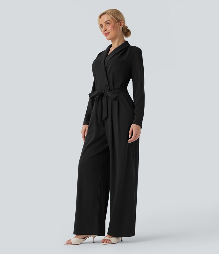 V-neck Long Sleeve Belted Jumpsuit with Pockets-Easy Peezy