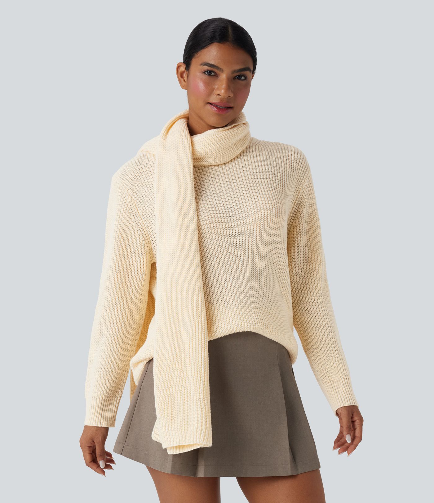 Round Neck Long Sleeve Work Sweater with Scarf