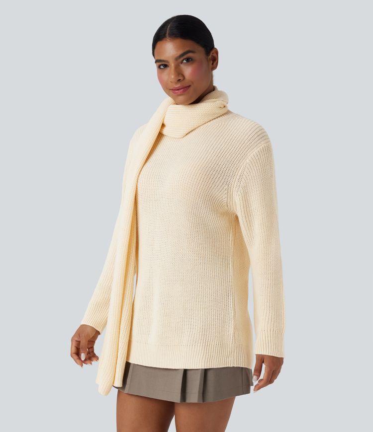 Round Neck Long Sleeve Work Sweater with Scarf