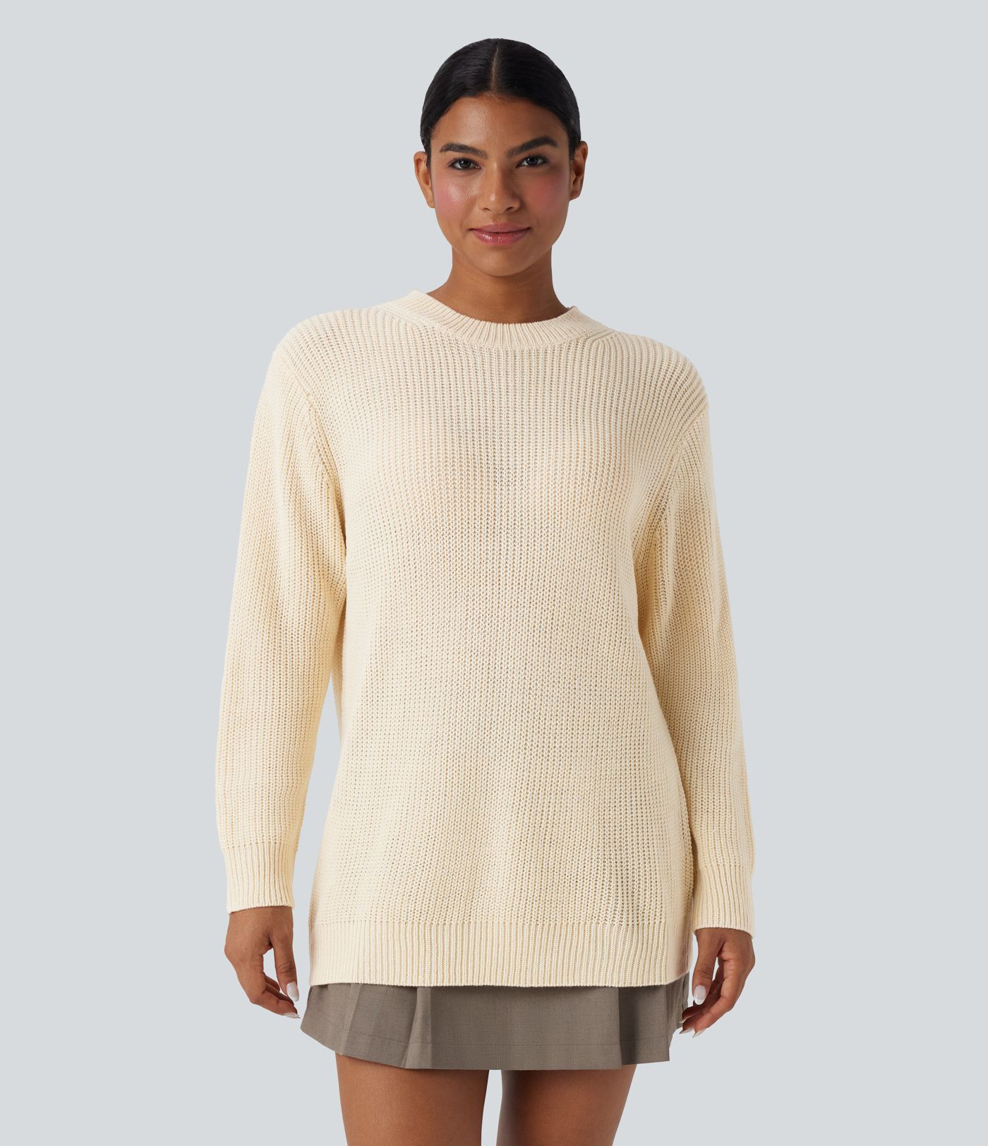 Round Neck Long Sleeve Work Sweater with Scarf