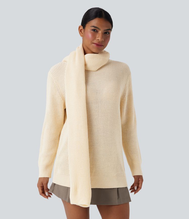 Round Neck Long Sleeve Work Sweater with Scarf