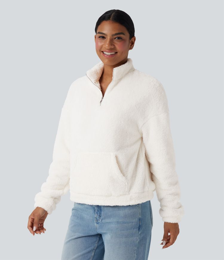 Sweatshirt casual polaire col montant manches longues avec poche kangourou