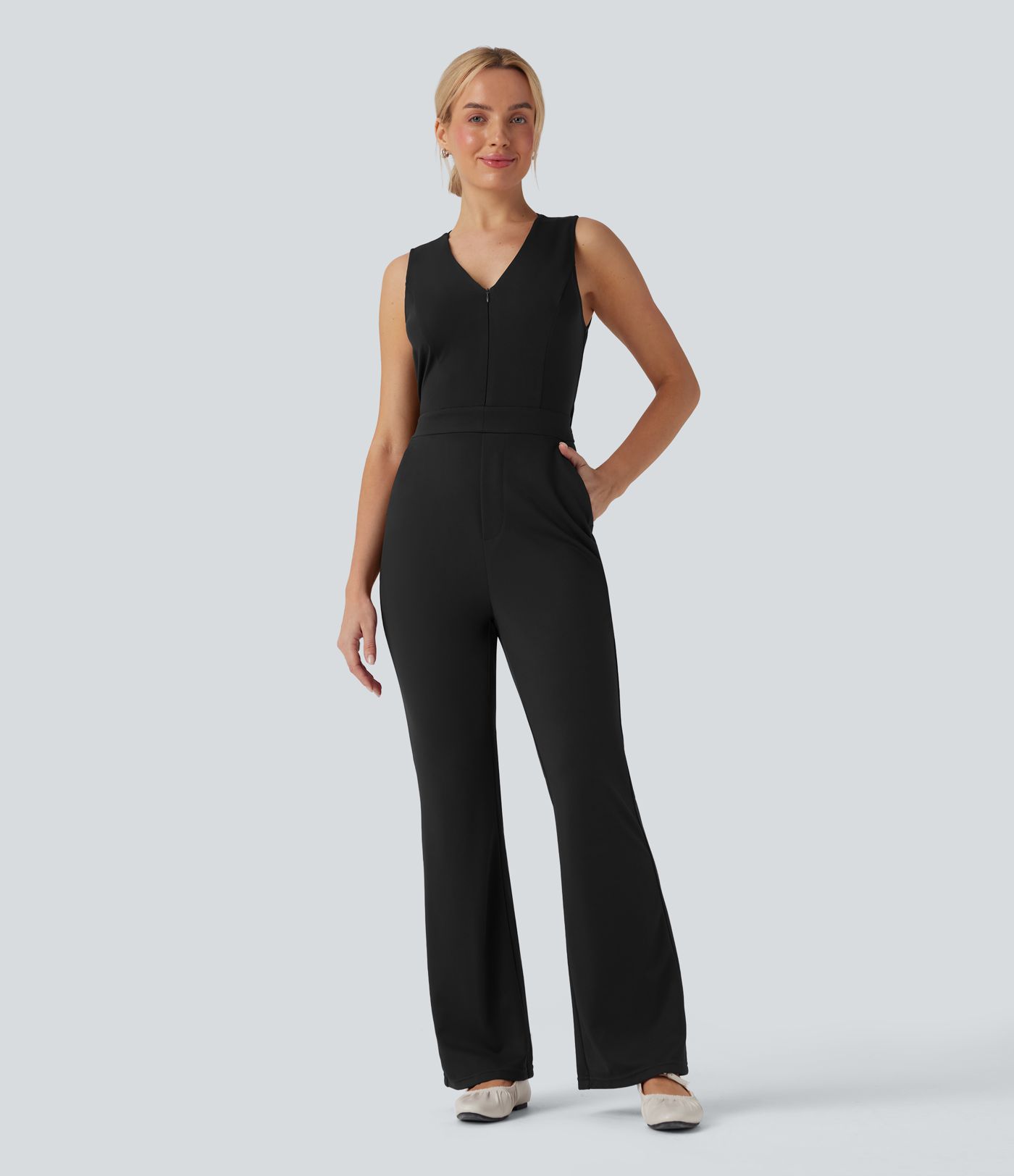 SculptKnit V Neck Sleeveless Casual Bootcut Jumpsuit with Pockets-Easy Peezy Edition