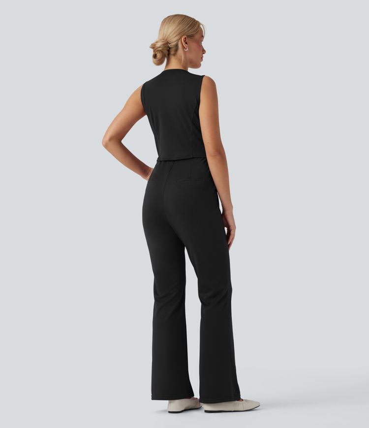 SculptKnit V Neck Sleeveless Casual Bootcut Jumpsuit with Pockets-Easy Peezy Edition