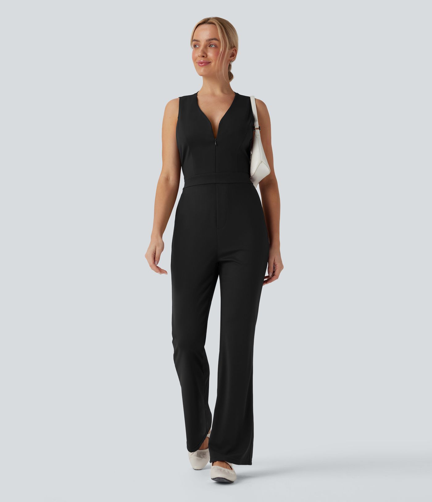 SculptKnit V Neck Sleeveless Casual Bootcut Jumpsuit with Pockets-Easy Peezy Edition