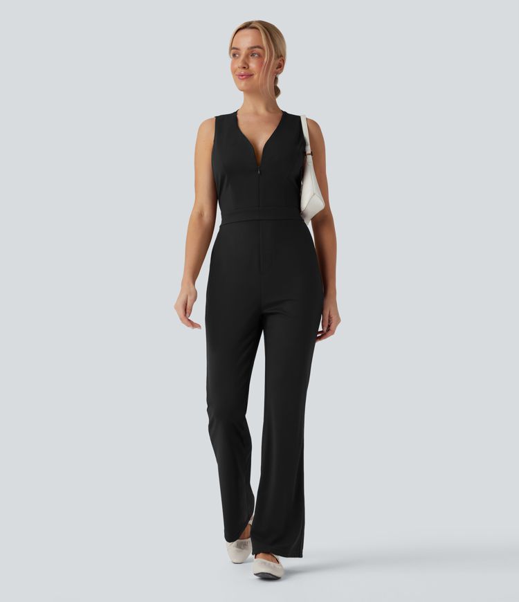 SculptKnit V Neck Sleeveless Casual Bootcut Jumpsuit with Pockets-Easy Peezy Edition