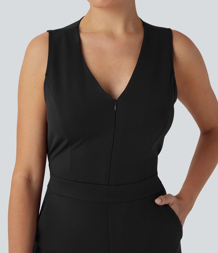 SculptKnit V Neck Sleeveless Casual Bootcut Jumpsuit with Pockets-Easy Peezy Edition