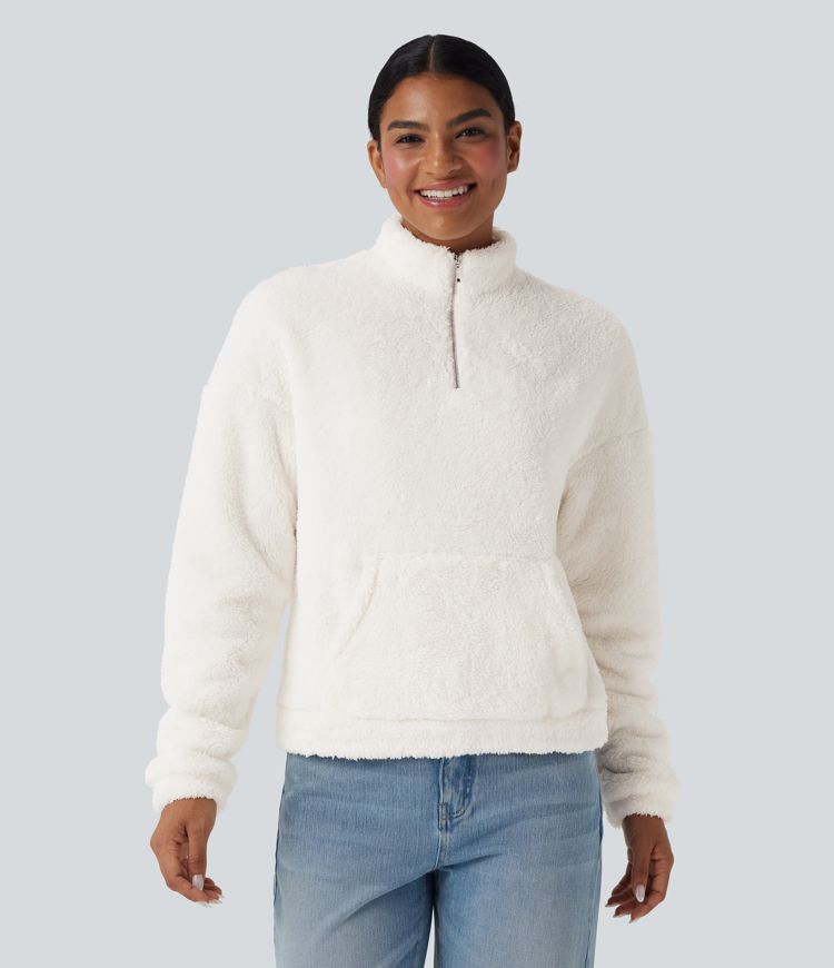 Sweatshirt casual polaire col montant manches longues avec poche kangourou