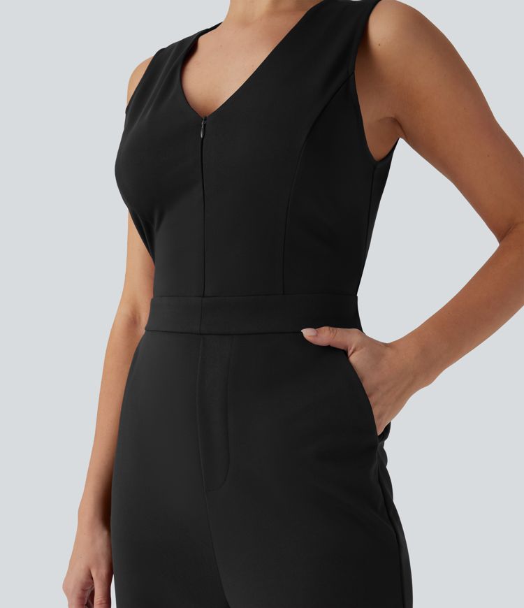 SculptKnit V Neck Sleeveless Casual Bootcut Jumpsuit with Pockets-Easy Peezy Edition
