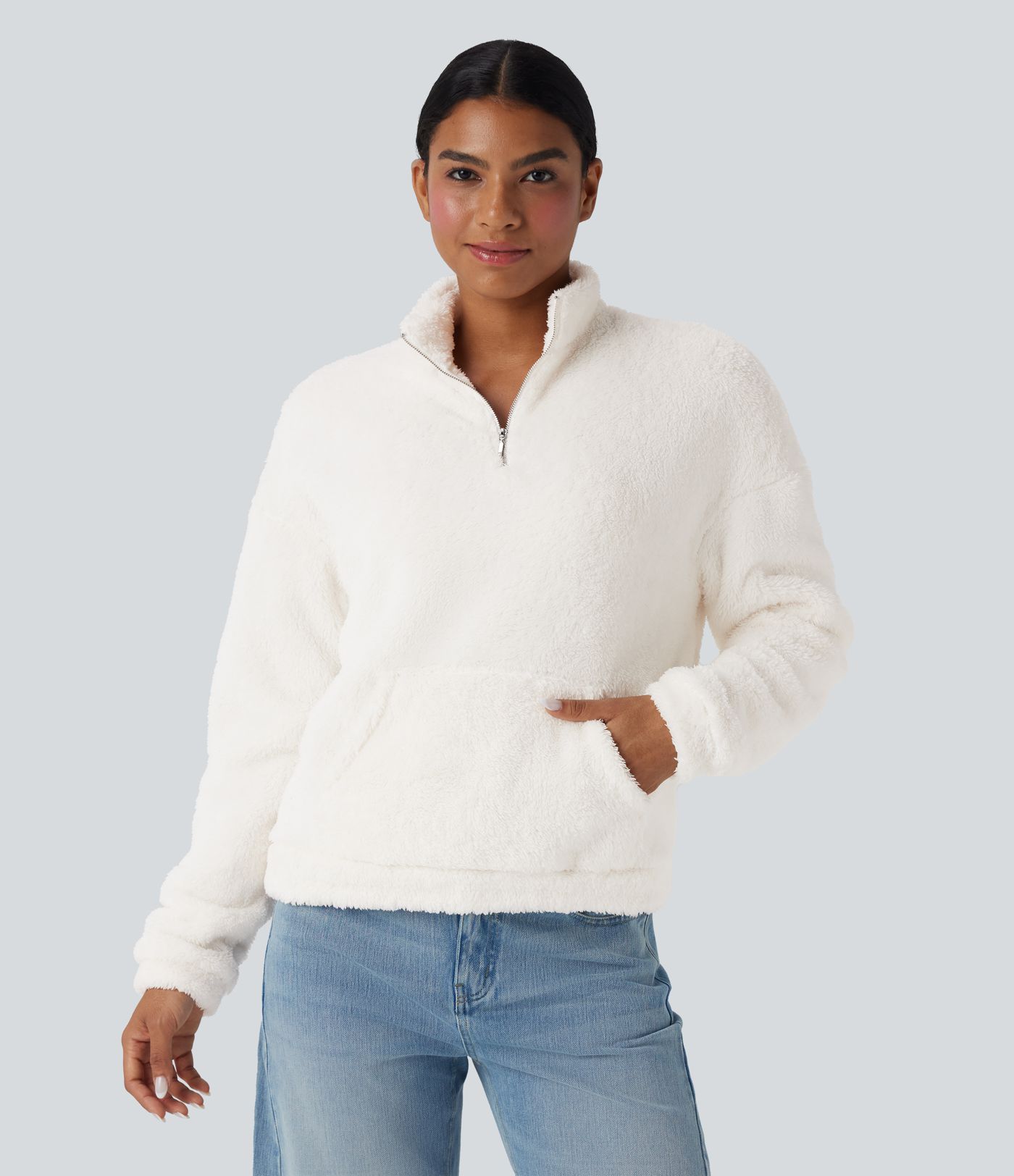 Sweatshirt casual polaire col montant manches longues avec poche kangourou