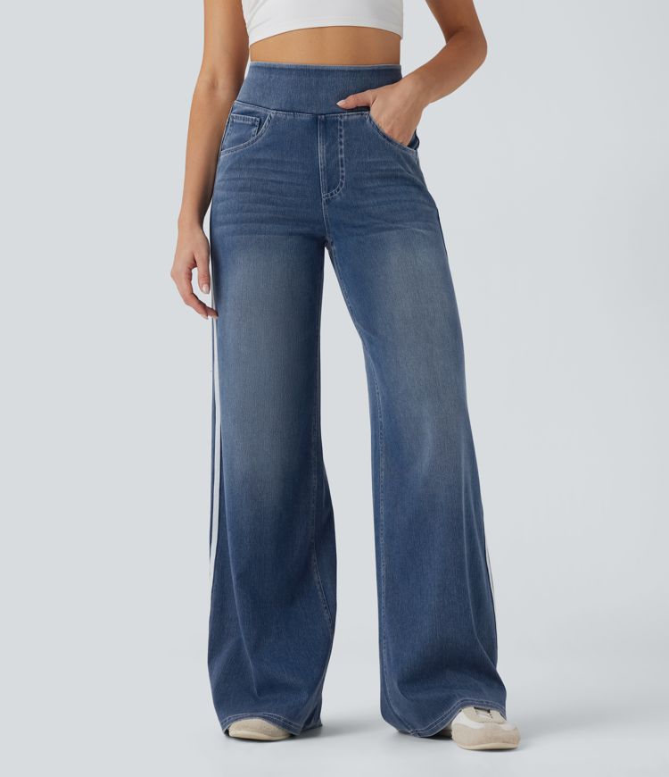 Halara Flex™ High Waisted Stripe Wide Leg Flowy Washed Stretchy Knit Casual Jeans with Multiple Pockets