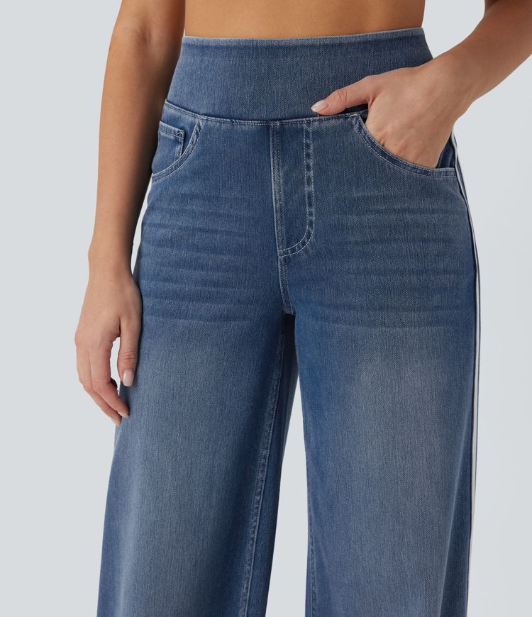 Halara Flex™ High Waisted Stripe Wide Leg Flowy Washed Casual Jeans with Pockets