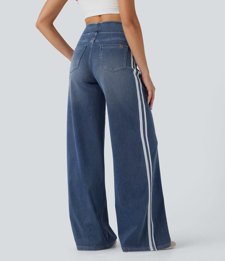 Halara Flex™ High Waisted Stripe Wide Leg Flowy Washed Stretchy Knit Casual Jeans with Multiple Pockets