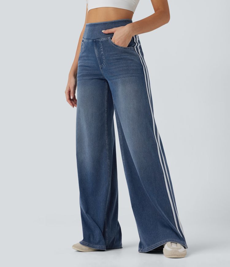 Halara Flex™ High Waisted Stripe Wide Leg Flowy Washed Casual Jeans with Pockets