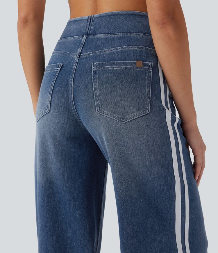 Halara Flex™ High Waisted Stripe Wide Leg Flowy Washed Casual Jeans with Pockets