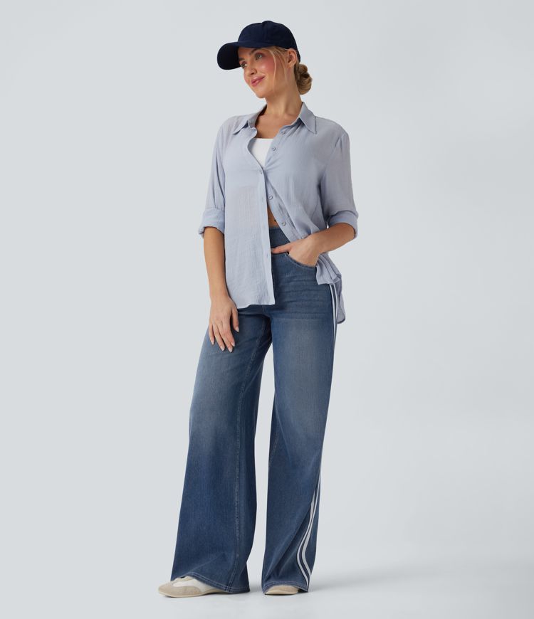 Halara Flex™ High Waisted Stripe Wide Leg Flowy Washed Casual Jeans with Pockets