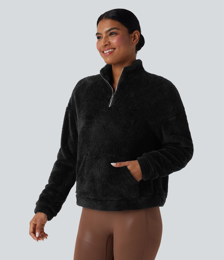 Stand Collar Long Sleeve Fleece Casual Sweatshirt with Kangaroo Pocket