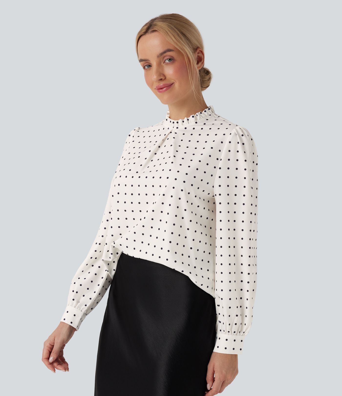 Frill Mock-neck Polka Dot Work Blouse