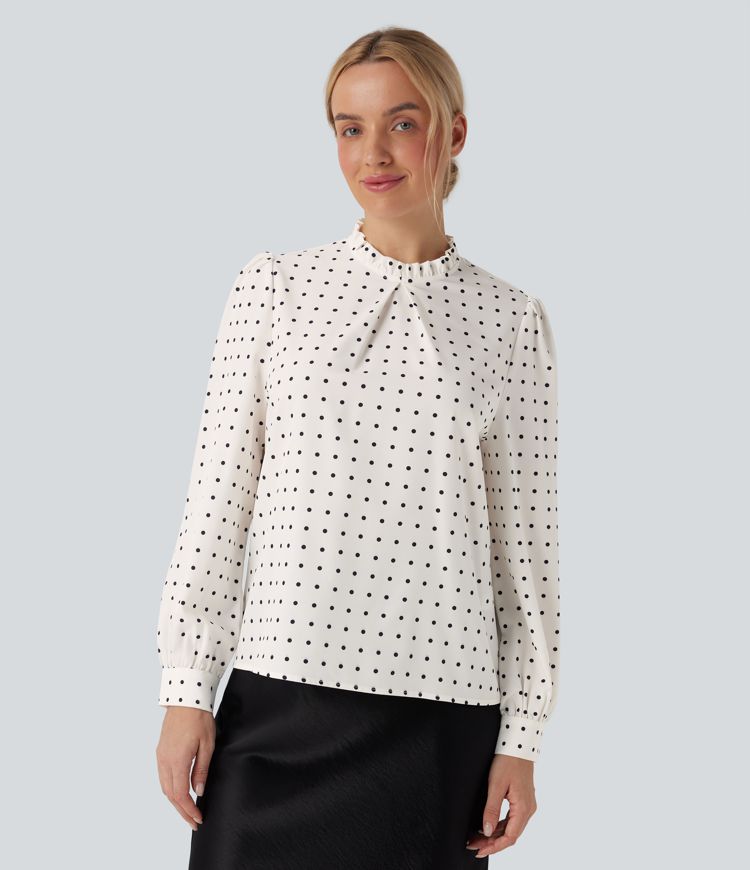 Frill Mock-neck Polka Dot Work Blouse