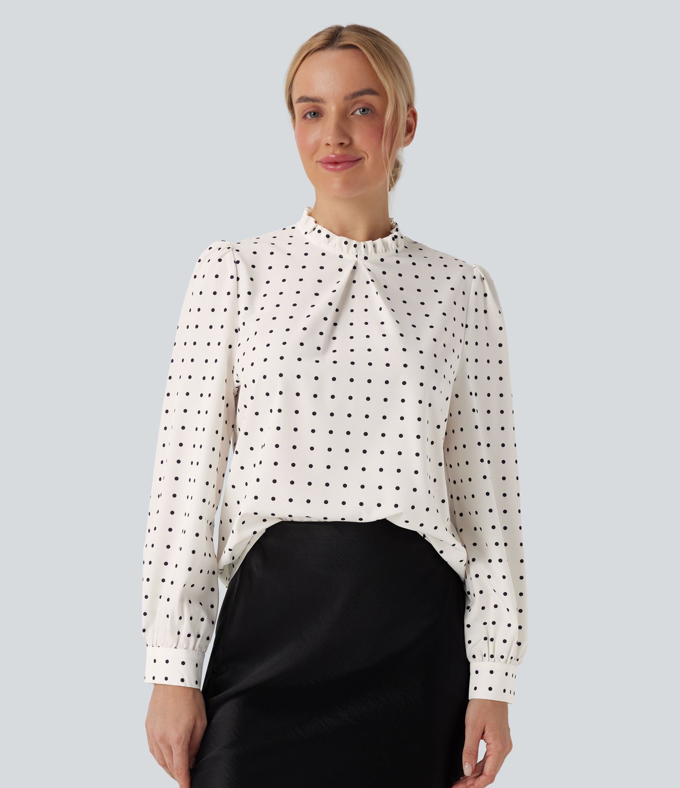 Frill Mock-neck Polka Dot Work Blouse