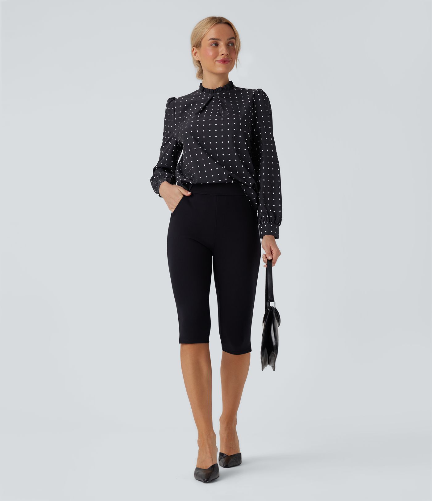 Frill Mock-neck Polka Dot Work Blouse
