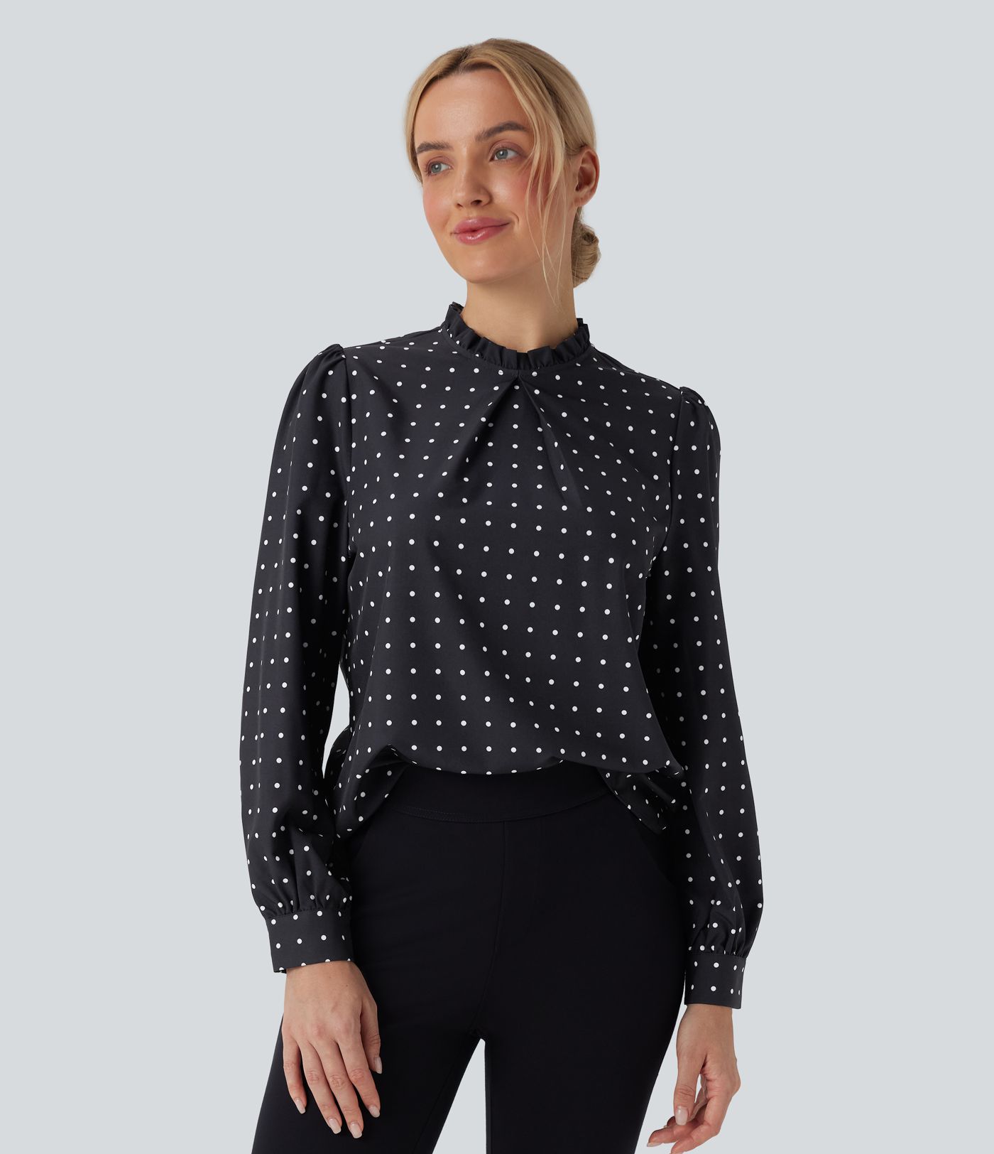 Frill Mock-neck Polka Dot Work Blouse