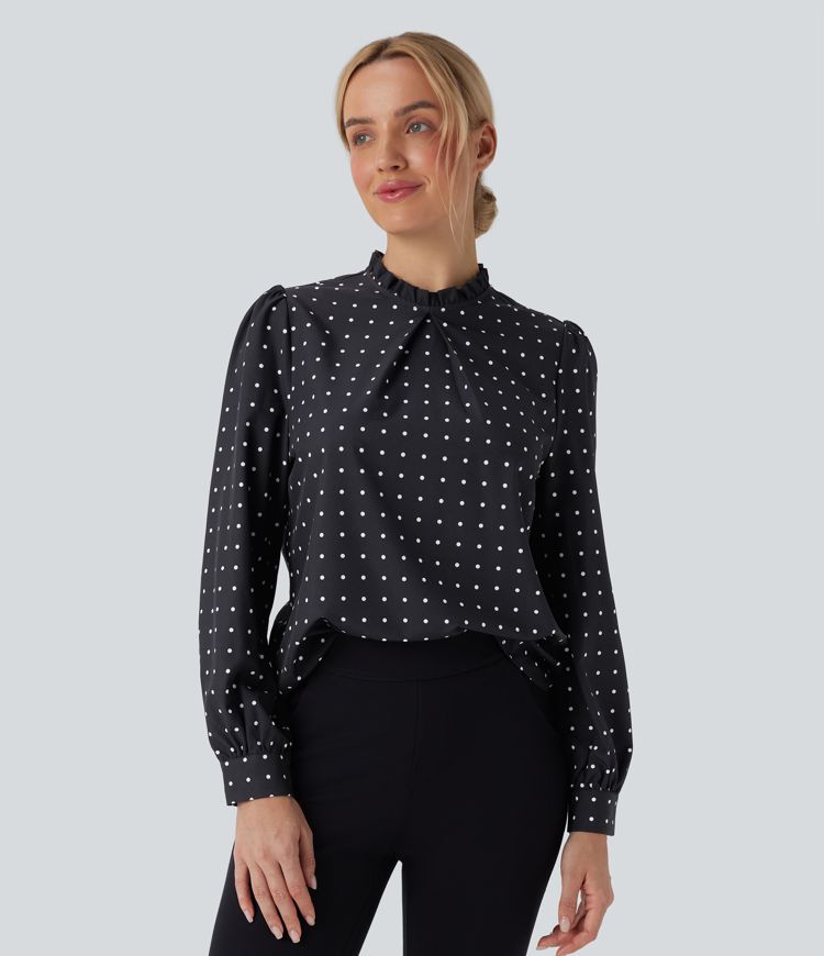 Blouse travail col montant à volants pois manches longues