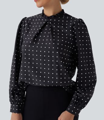 Frill Mock-neck Polka Dot Work Blouse