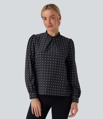 Frill Mock-neck Polka Dot Work Blouse