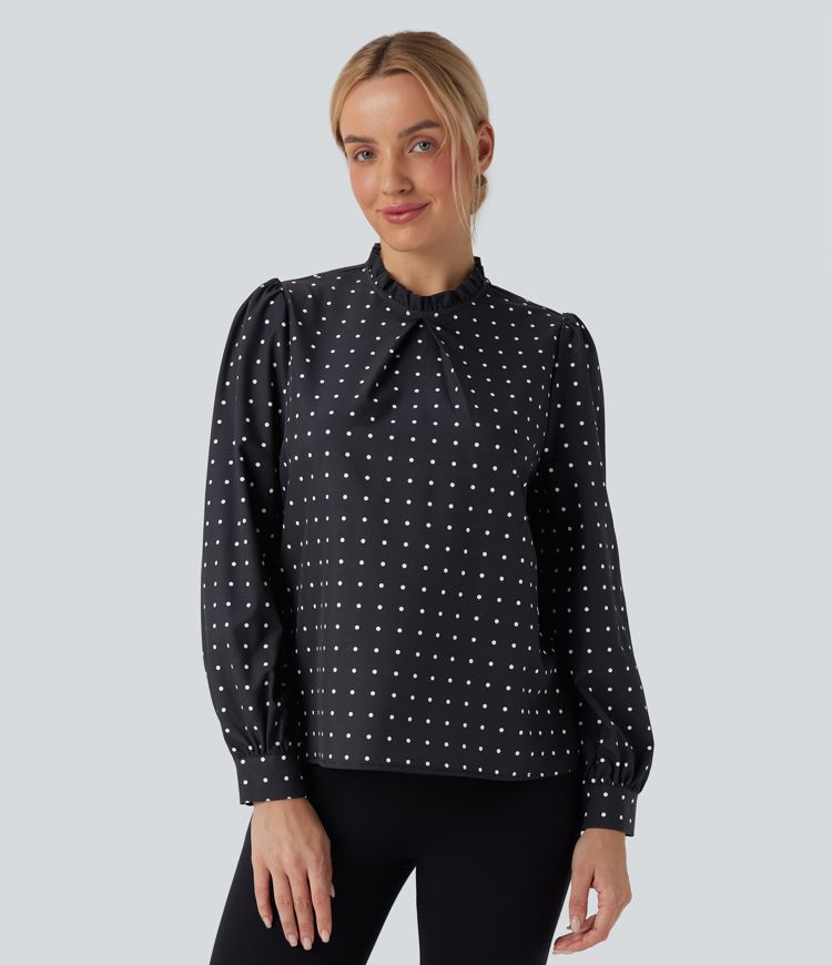 Frill Mock-neck Polka Dot Work Blouse