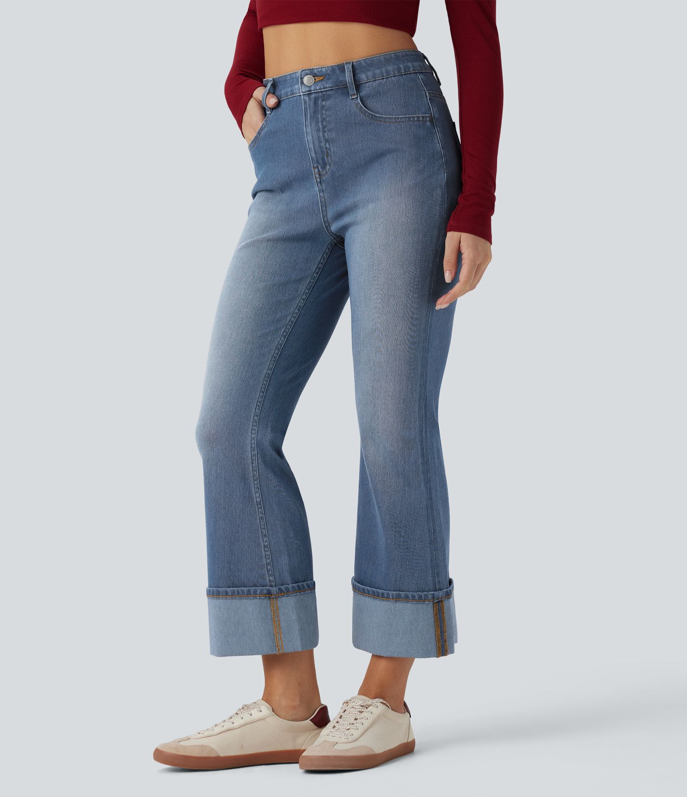 Halara Flex™ High Waisted Rolled Hem 7/8 Casual Flare Jeans with Pockets