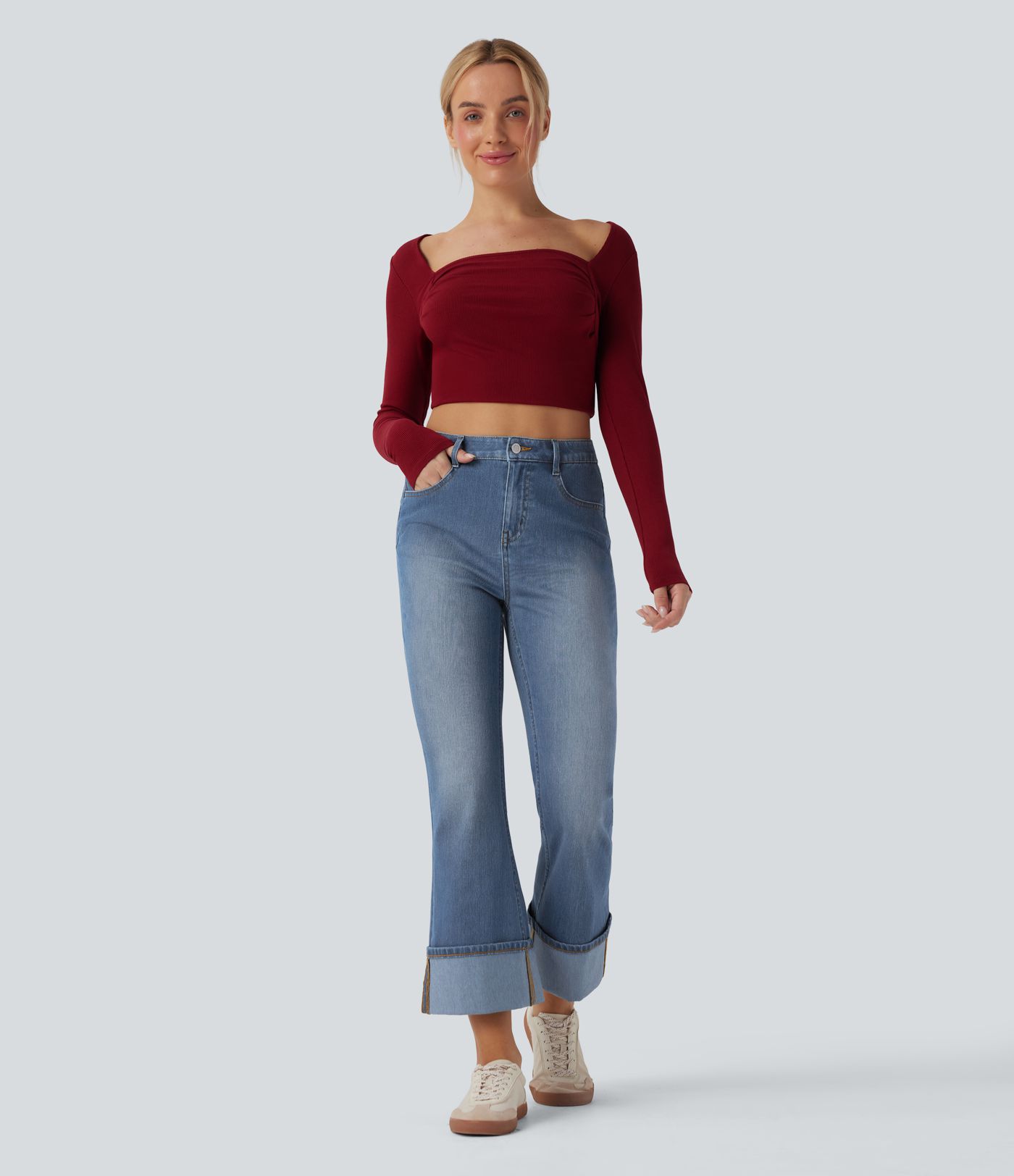 Halara Flex™ High Waisted Rolled Hem 7/8 Casual Flare Jeans with Pockets