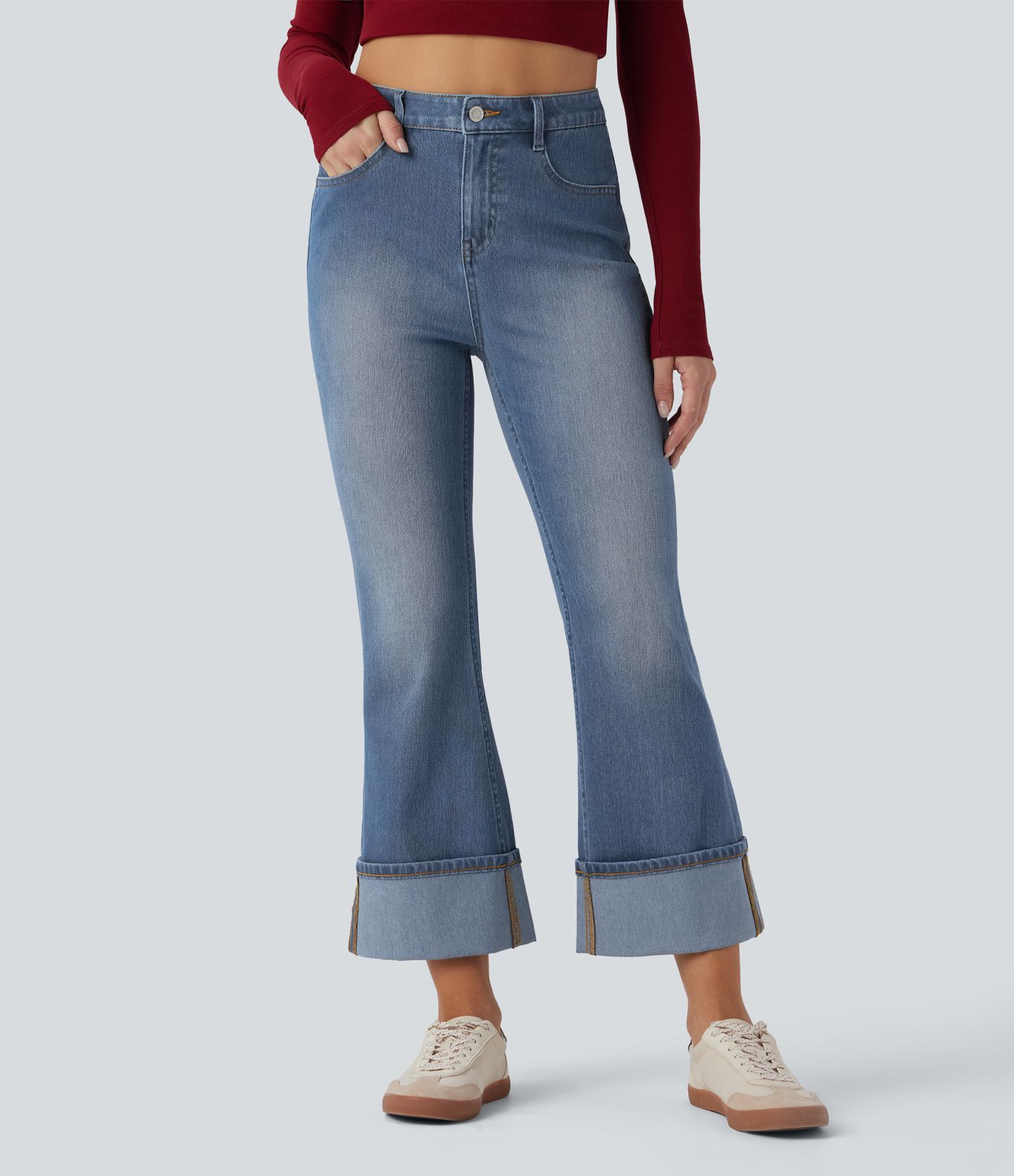 Halara Flex™ High Waisted Rolled Hem 7/8 Casual Flare Jeans with Pockets