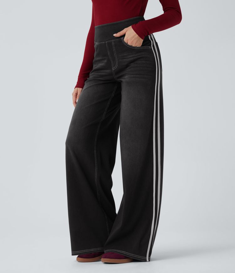 Halara Flex™ High Waisted Stripe Wide Leg Flowy Washed Stretchy Knit Casual Jeans with Multiple Pockets
