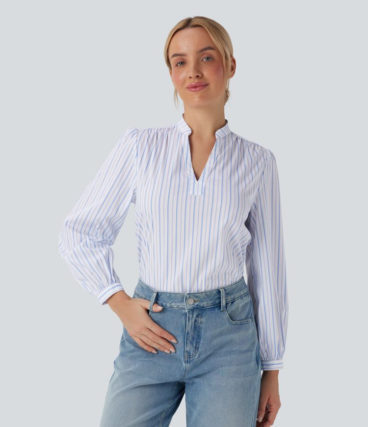 V-neck High Low Striped Print Casual Blouse