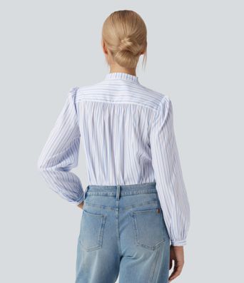 Lässige Bluse mit V-Ausschnitt und Hoch-Tief-Streifenmuster