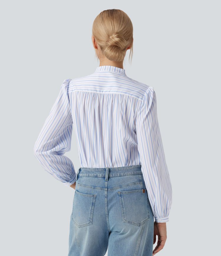 V-neck High Low Striped Print Casual Blouse