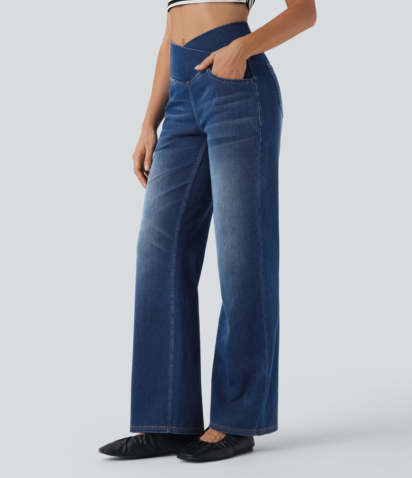 Halara Flex™ Crossover High Waisted Tummy Control Casual Straight Leg Jeans with Pockets