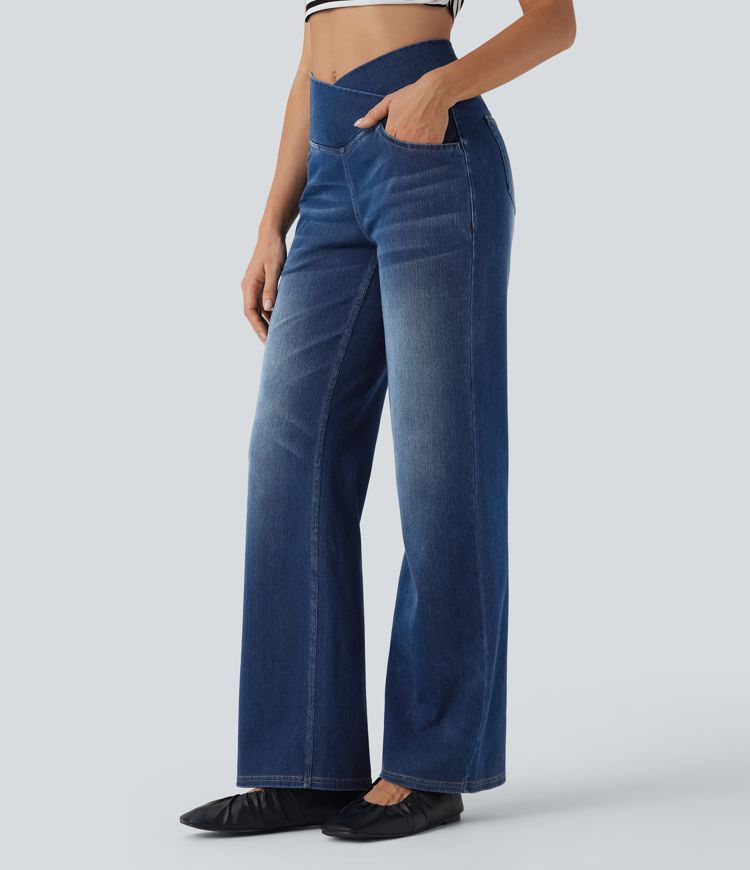 Halara Flex™ Crossover High Waisted Tummy Control Casual Straight Leg Jeans with Pockets