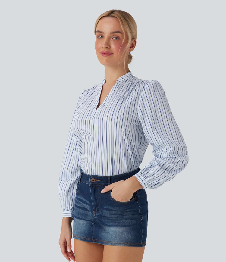 V-neck High Low Striped Print Casual Blouse