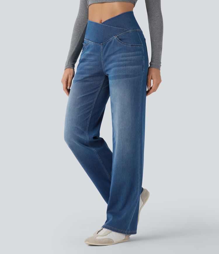 Halara Flex™ SoCinched Crossover High Waisted Tummy Control Casual Straight Leg Jeans with Pockets