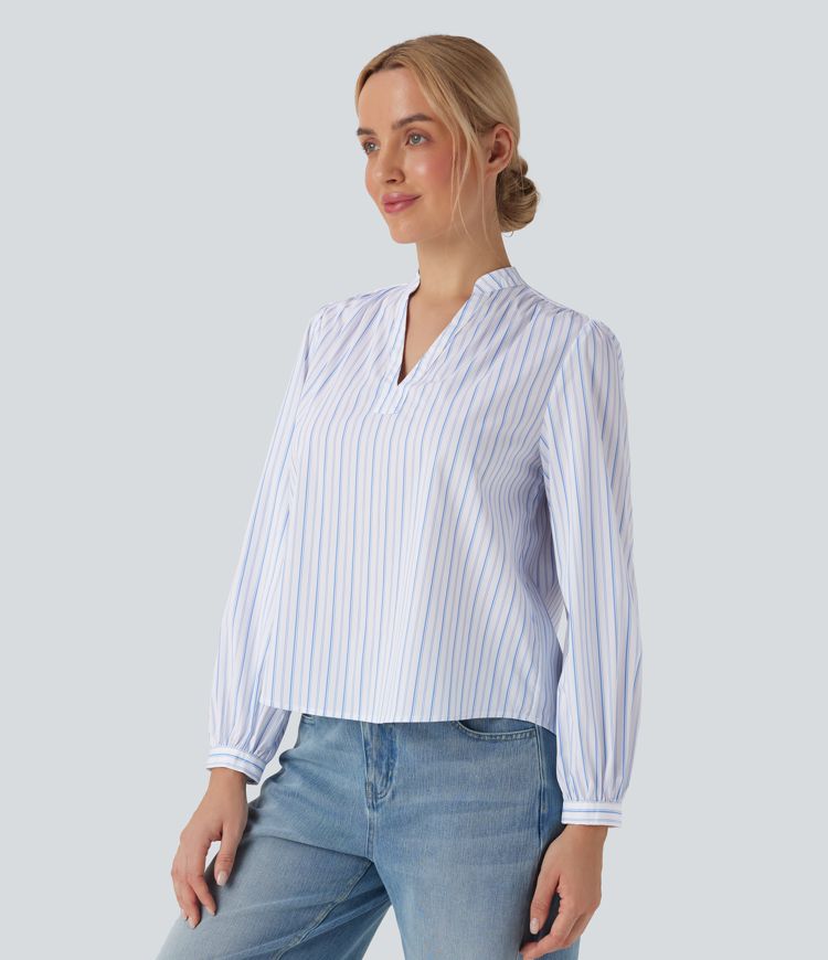 V-neck High Low Striped Print Casual Blouse